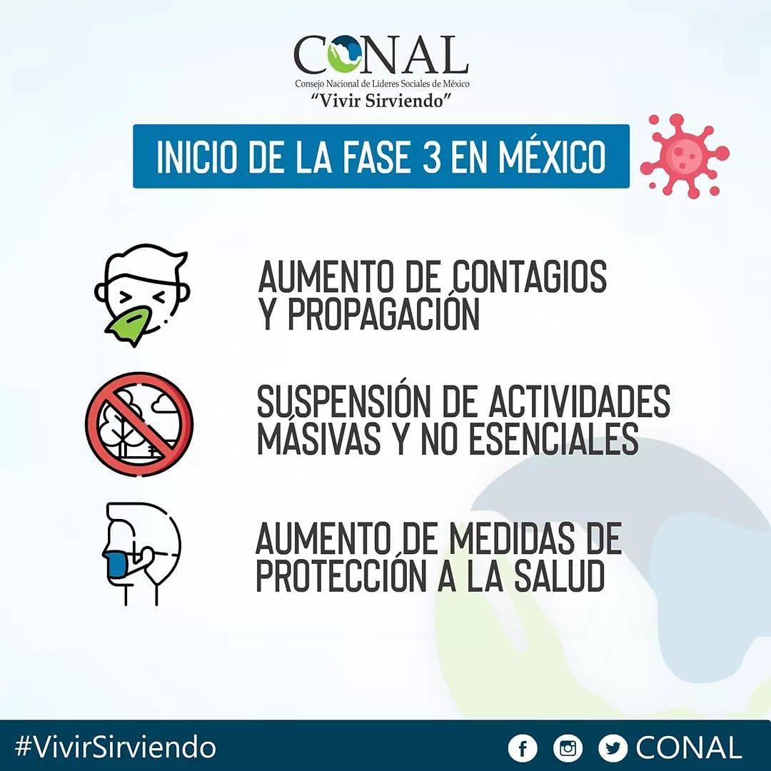 ConalMexico's tweet photo. ¿Qué implica la #fase3 de la contingencia en #México? Debemos de estar atentos de las medidas que indiquen las autoridades sanitarias y poner de nuestra parte para evitar más contagios.

¡Es por tu salud, es por México!

#VivirSirviendo #Covid19 https://t.co/NZUkhTAIkS
