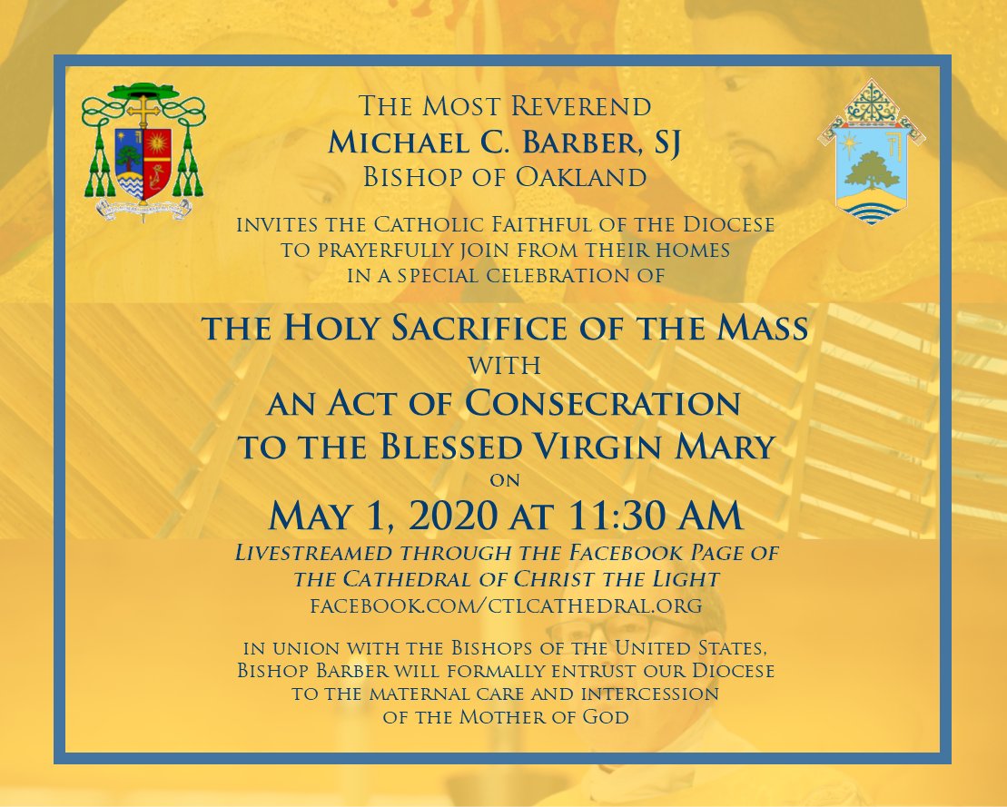 Join Bishop Barber on Friday, May 1 as he celebrates a special Mass and reconsecrates our Diocese to the maternal protection of our Blessed Mother! The Mass will be livestreamed at the Cathedral Facebook page (facebook.com/ctlcathedral.o…)