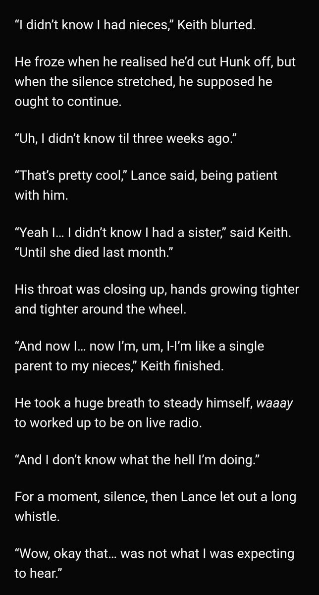 Video Killed the Radio Star by  https://archiveofourown.org/works/15803208/chapters/36780009-11/11-klance-keith suddenly becomes a single parent to his two nieces -lance is a radio host that keith has a crush on-keith loves his girls so much-i cried a lot