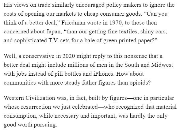I'd like to hear more about this one. It's quite a charge to blame Milton Friedman for drug abuse in America of the 2010s. And it's reeking of something unbecoming to call Friedman's free-trade views "nonsense."