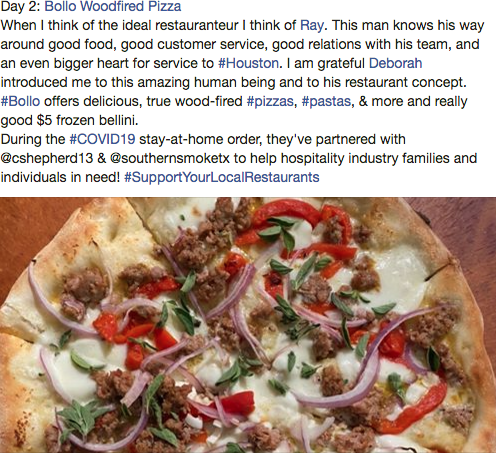 FoodsOfMyCity1's tweet image. #Bollo offers delicious, true wood-fired #pizzas, #pastas, &amp;amp; more w/really good $5 bellini. 

During the #COVID19 stay-at-home order, they've partnered with @southernsmoketx to help hospitality industry families &amp;amp; individuals in need! #SupportYourLocalRestaurants | #MissingHou