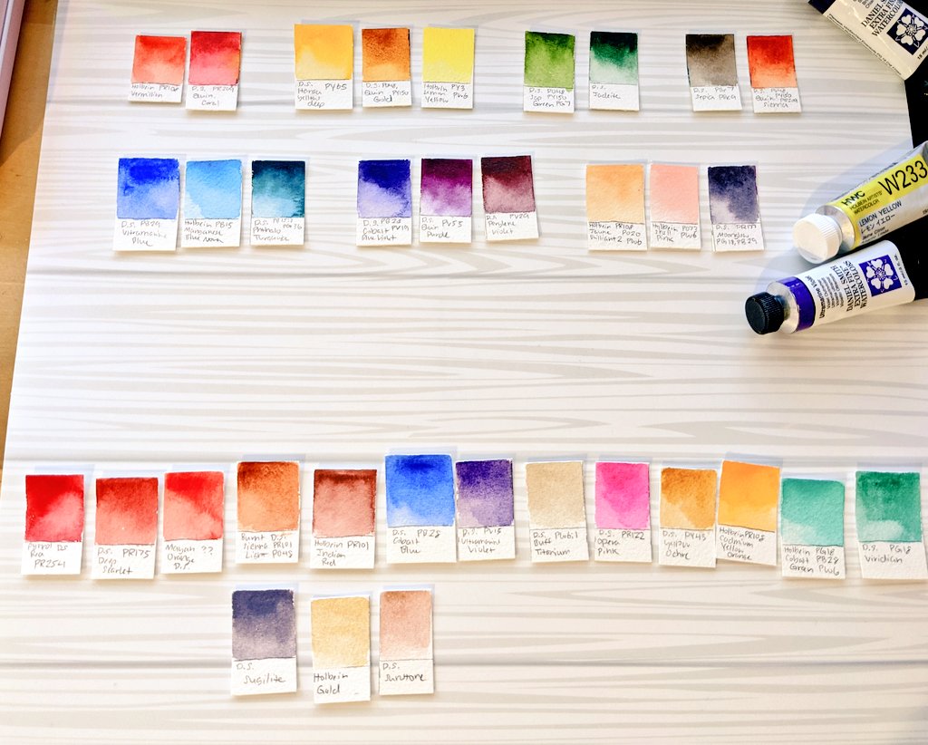 First: Taking InventoryI wanted to be able to see all of my color options in a way that I can move them around easily. I made swatch cards with each color& #39;s name and pigment information, then picked out colors I definitely wanted to have in this palette