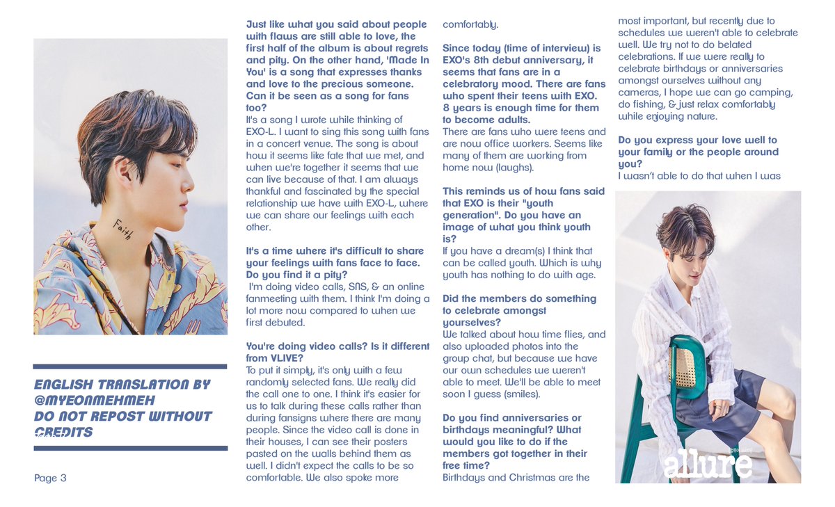 #SUHO #수호 ALLURE - MAY 2020 - Interview

I've already done a translation thread on this interview but here's the compiled one in photos! (Also tidied up the translations abit, hopefully this is clearer)

DO NOT RE POST WITHOUT CREDIT!!

[PART 1/2]