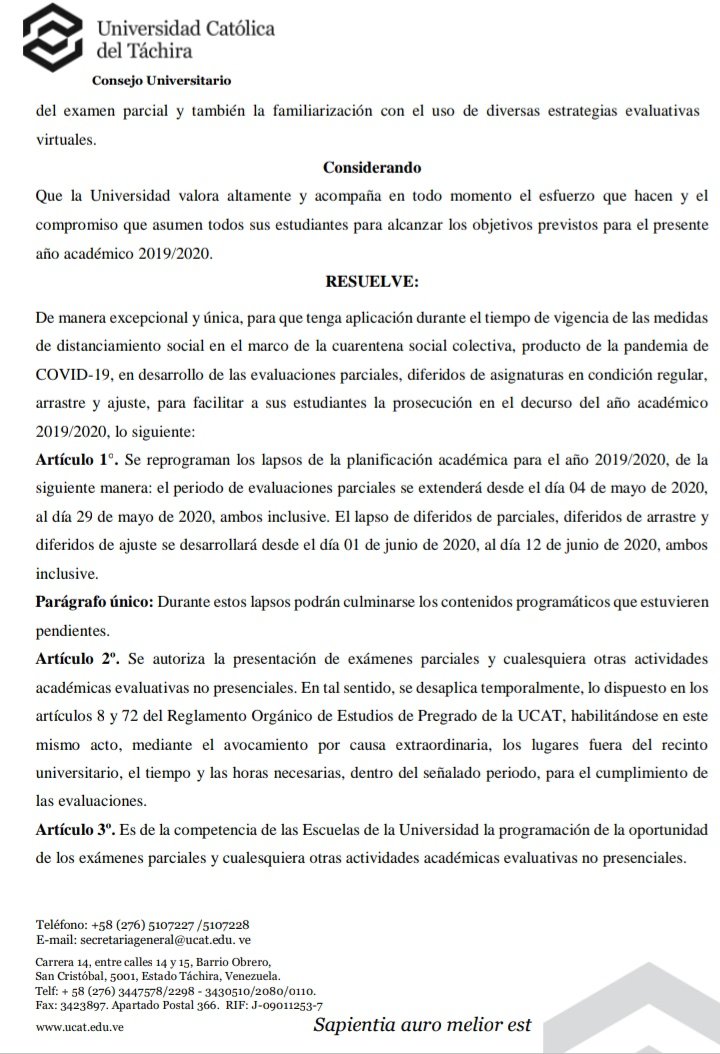 une7e's tweet photo. #ATENCION Consejo Universitario de la #UCAT ha decidido que evaluaciones parciales y diferidos sean presentados de manera virtual, como medida excepcional ante la pandemia de #Covid19 que atraviesa el país🇻🇪 #23Abr (1) https://t.co/28n2ZE9Zxl