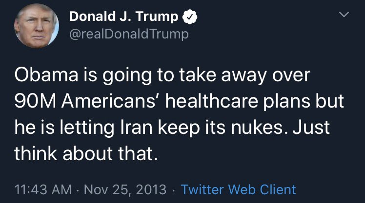 5/ This tweet from 2013 is interesting given that Trump is currently fighting at the Supreme Court to take away a lot of people’s healthcare (cancel Obamacare) and has done little about North Korea’s nukes, which we know they have. And if Iran has nukes, Trump let them keep them.