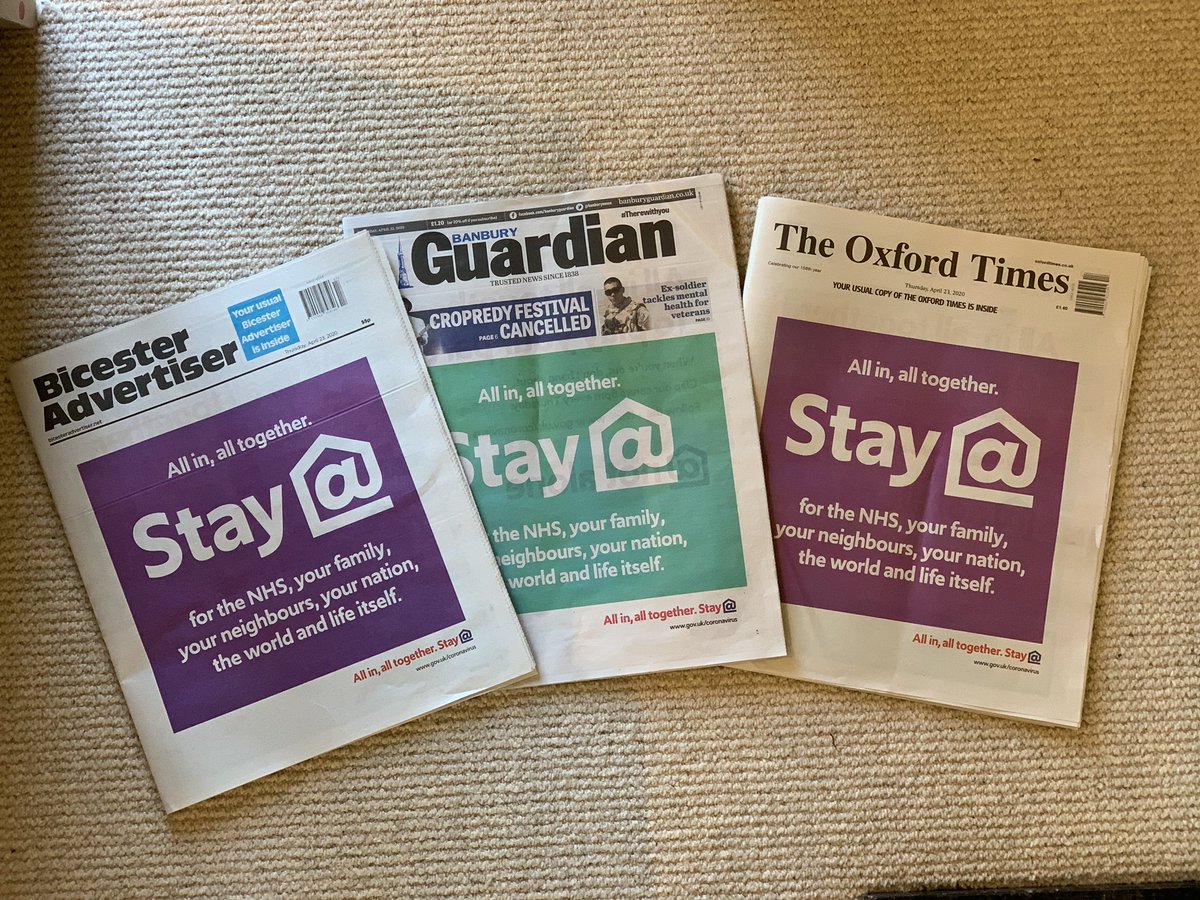 SpacecraftLtd's tweet photo. @GOVUK advertising campaign across regional newspapers today...keeps up their message, supports the publications and the back page can be used as a #SupportNHS poster for people’s windows @oxfordtimes @bicesternews @banburynews #localnews #localnewspapers #supportlocalpress https://t.co/CbbFiKeEtq