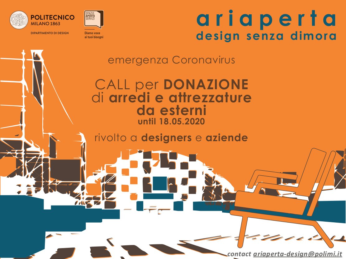 SASCoopSocOnlus's tweet photo. 📣CALL ARIAPERTA-design senza dimora
Donare arredi e attrezzature #outdoor per abbellire l'area esterna del Social Music City di Scalo Romana di #Milano ora centro di #accoglienza per #senzadimora.

🙏Grazie al Dipartimento di Design del @polimi 
https://t.co/paikzbs5OQ 
#COVID19 https://t.co/SDoq0j1KAA