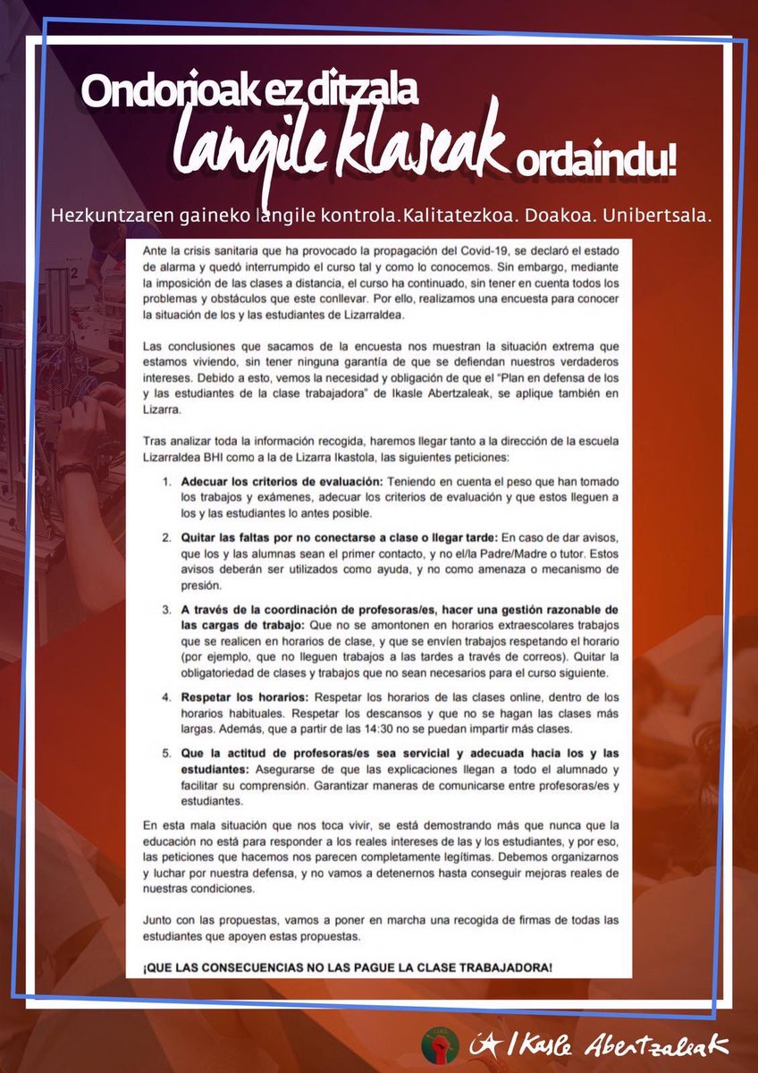 Lizarraldea BHI ikastetxean eta Lizarra Ikastolan, martxan jarri dugu dinamika <a href="/LizarrakoIA/">Lizarraldeko IA</a>-rekin bat! 

Ondorioak ez ditzala langile klaseak ordaindu!

Hemen irakurketa 👇👇