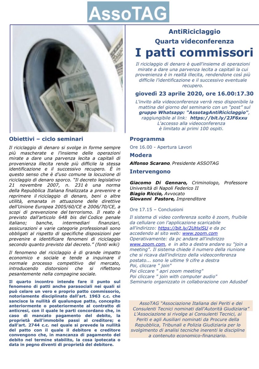 Oggi seminario online (Zoom) sui patti commissori in materia di antiriciclaggio.
Organizzato da AssoTAG.
Da seguire...