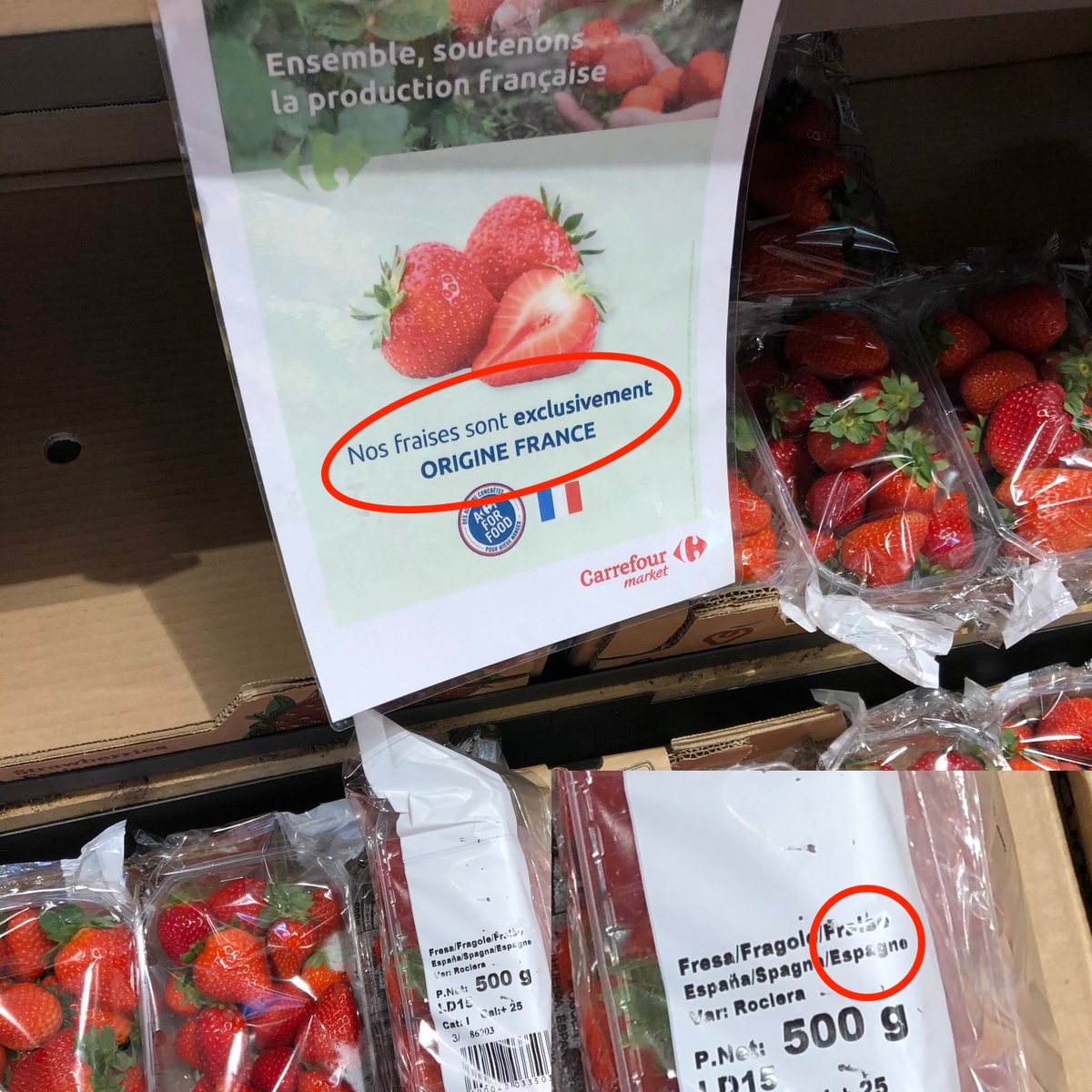 ChHeG's tweet photo. @CarrefourFrance on en parle de votre soutien à l'agriculture française ? Vu ce weekend dans mon Carrefour Market à Paris. Petit décalage entre la com' et la réalité non ? Erreur ou malhonnêteté ? https://t.co/1Aiwh97oP2