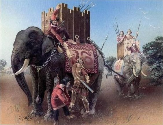 Illustration shows Greco-Bactrian elephants.