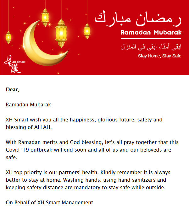 XH_Smartcard's tweet photo. XH top priority is our partners' health. Ramadan Mubarak to all 🙏

#XHSmart #Ramadan #Health https://t.co/uYLOoD6jk6