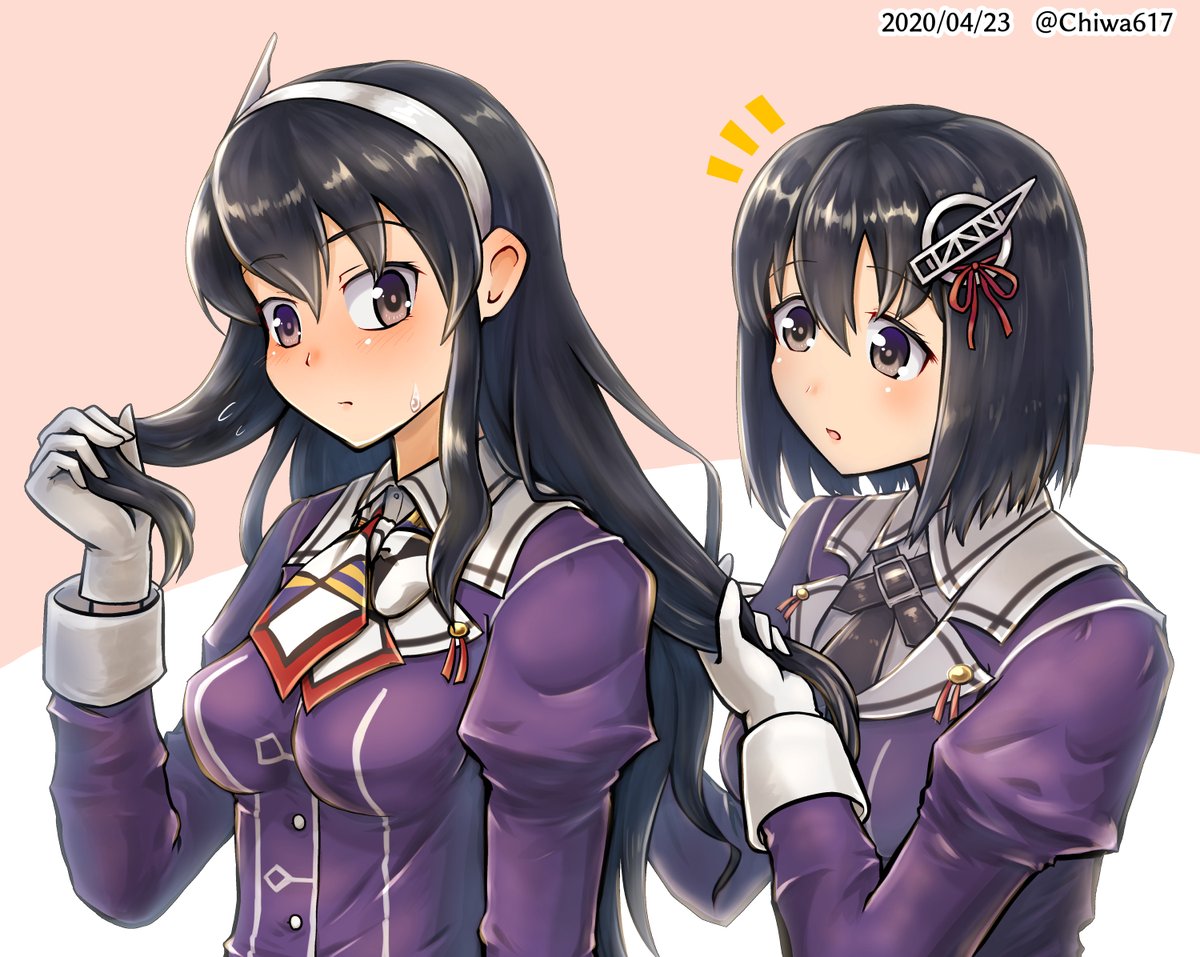 ashigara (kancolle) ,haguro (kancolle) multiple girls long hair 2girls black hair gloves hair ornament uniform  illustration images