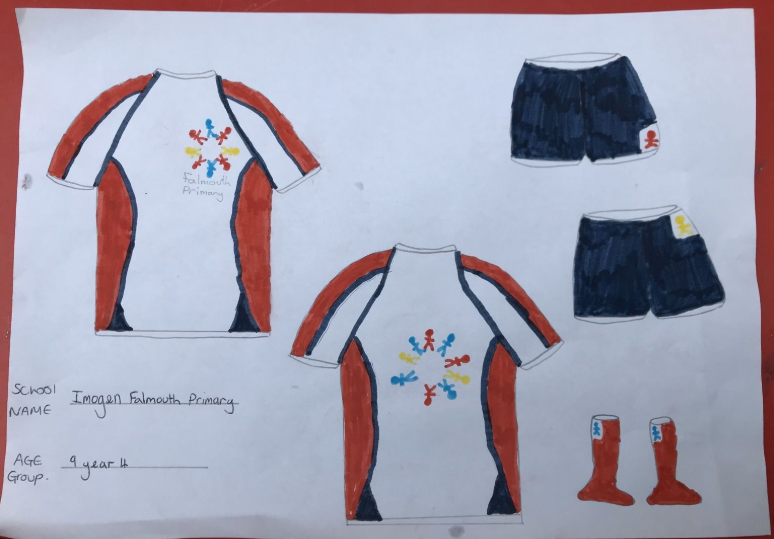 FalmouthPrimary's tweet photo. #TeamHalbro We have been busy designing PE kits in Year 3 (age 8yo) We have creations from Adella, Aliyah, Imogen and Julian! https://t.co/Ee84M2WdwE