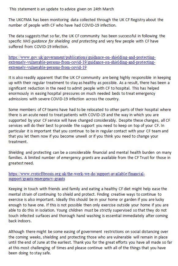 The CF Medical Association have released this statement. Please read it 😊 The shielding that you have been working so hard to do is working. We are here for you if you need anything; just a phone call away