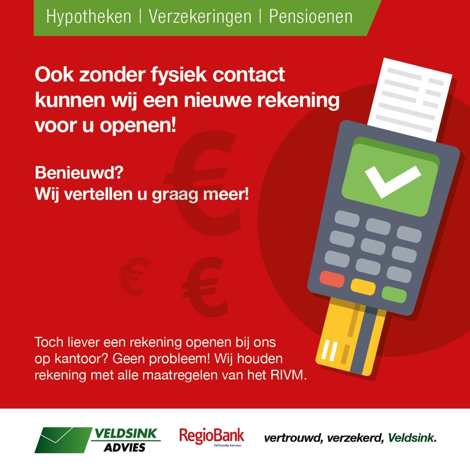 Tegenwoordig kunnen we ook zonder fysiek contact een nieuwe rekening openen! Benieuwd? Neem dan vooral even contact met ons op. #regiobank #veldsinkferwerda