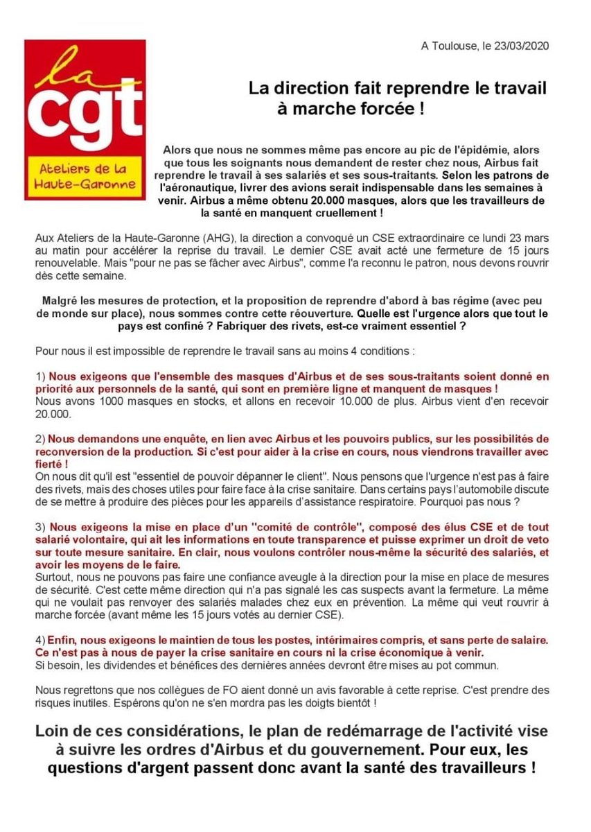 2. Depuis le 23 mars, pile un mois aujourd'hui, nous exigeons de reconvertir la production dans l'aéro pour fabriquer des respirateurs artificiels. Cf ce tract de notre syndicat, à la réouverture d'Airbus.Je crois ne pas mentir en disant qu'on a été les 1ers à dire ça.