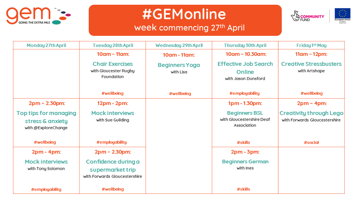 GEM_glos's tweet photo. Our #GEMonline timetable for next week is ready &amp; it's our biggest one yet! 
Filled with activities to support your #wellbeing including sessions from @forwards_glos @GlosCC @gr_foundation &amp; @ArtShape plus the chance to learn new #skills with @glosdeaf

https://t.co/7GqfU0fz2M https://t.co/Fe61C3mZmL