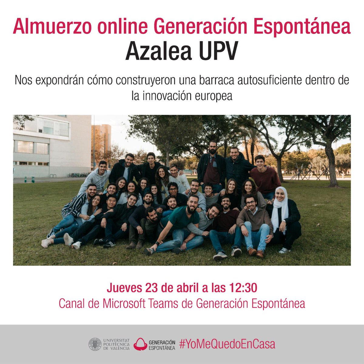 Hoy a las 12:30 tenemos almuerzo online con el grupo <a href="/azaleaupv/">Azalea UPV</a> . No te lo pierdas, en el canal de Teams de Generación Espontánea tiny.cc/7otinz