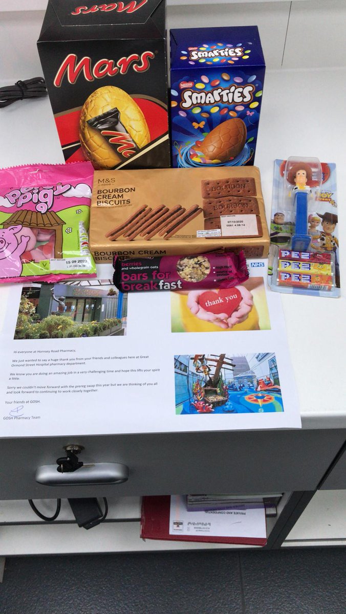Box of goodies from #GOSH pharmacy team thank you Richard and team. What a wonderful thought. Much appreciated and will be enjoyed by our team.