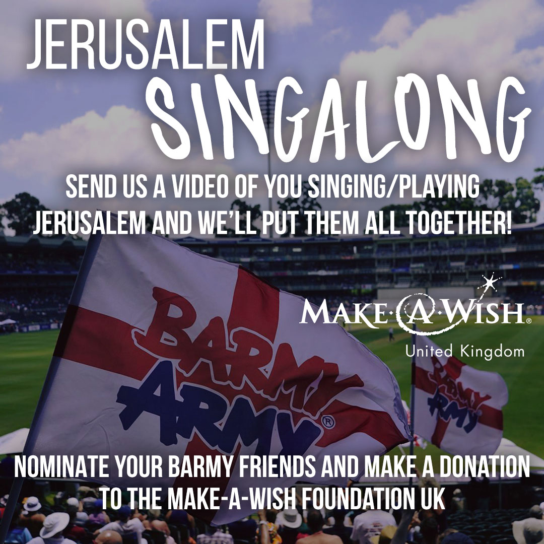 Happy  #StGeorgesDayTo celebrate we're launching our lockdown singalong to create a unique version of Jerusalem Send in videos of you singing your favourite line and we'll edit them together!We're asking for a voluntary donation to  @MakeAWishUK   https://www.justgiving.com/fundraising/barmy-army2020