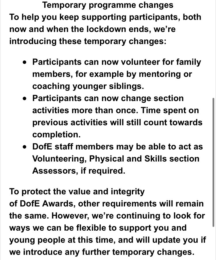 BTRCC_DofE's tweet photo. *IMPORTANT INFO*
DofE have made a few temporary changes to DofE programmes to help participants complete their sections. The key changes can be seen below, however more information can be found at https://t.co/94k3qsZ3m9
@BTRCCinfo https://t.co/DBcBsQ7hsm