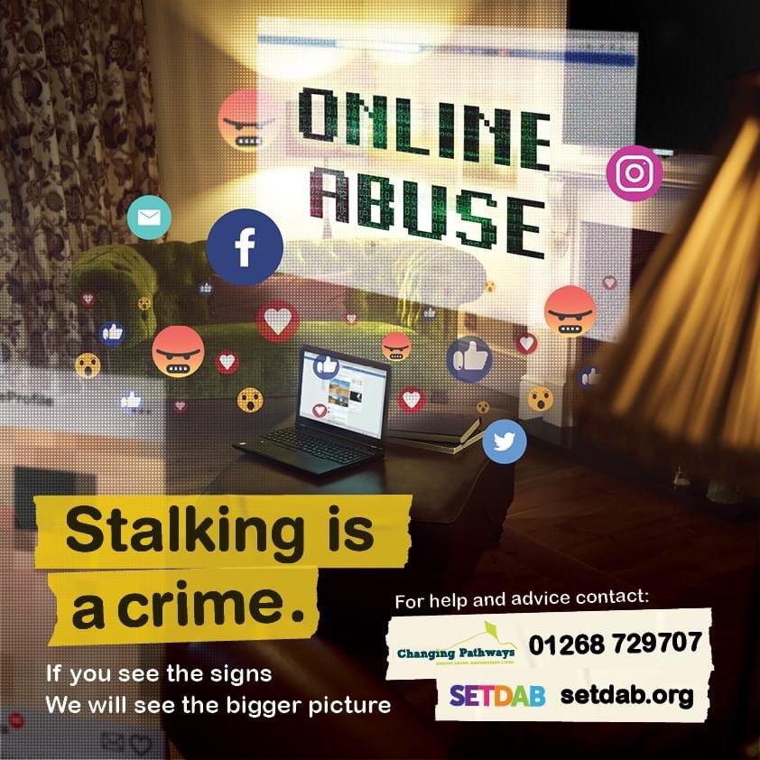 Is your ex-partner posting threats or image based abuse on your social media account? Are they hacking into your account or setting up a fake profile to get to you? 

If you need help visit setdab.org or call Changing Pathways on 01268 729707. 

#SeeStalkingClearly