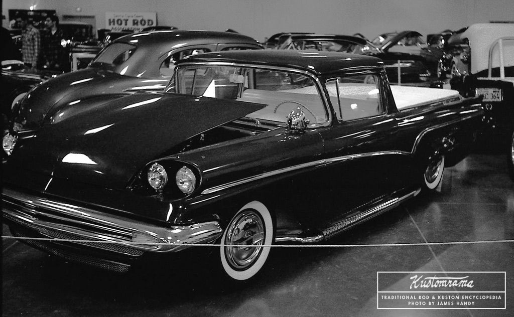Does anyone recognize this unusual Ranchero custom? James Handy snapped this photo at the 1962 San Jose Autorama, and front end modifications include cut down fenders, recessed headlights, and a DeSoto bumper: bit.ly/2ZmJOeV