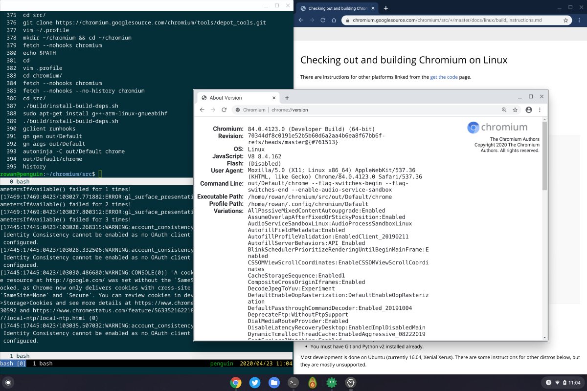 ChromeOS desktop showing the Crostini Linux container prompt on the left with a screen session showing the output of the history command. There's a chromium window in the middle of the screen where you can see it's in Rowan's home directory. He sound like a pretty neat guy who diligently writes alt text. On the right are the build instructions for Chrome on Linux.