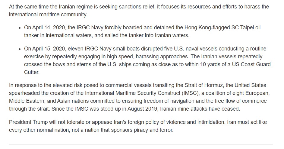 the regime's growing threats to international peace & security. During this review period, Iran continued its dangerous naval activity.