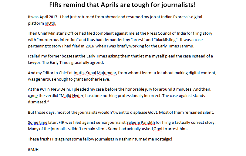 These fresh FIRs against some fellow journalists in Kashmir turned me nostalgic! #MJH   #Kashmir