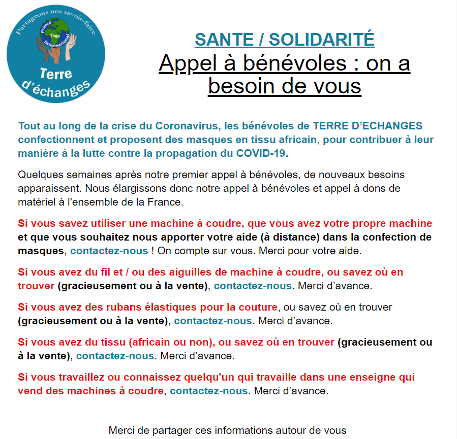 🤝 Merci de partager ces informations autour de vous. 🙏
👉 Pour nous contacter : contact@terre-dechanges.org

#AppelABénévoles #Masques #MachineACoudre #Fil #Aiguilles #Tissu #Poitiers