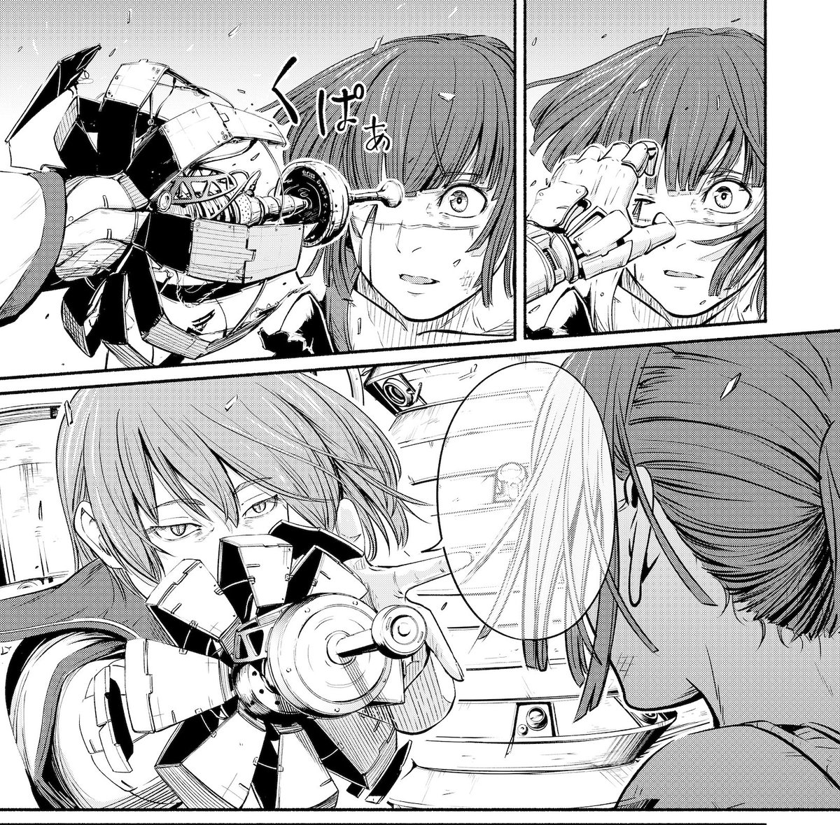 今回の原稿で地味に面倒だったのが、マナというキャラの変形でした。
一応、この子は読切り版のアルマの主人公で、設定や世界観は連載版と同じなので適当に描くわけにもいかず、当時描いた機械の構造をもう一度理解し直すのが面倒でした。連載版では主人公たちの邪魔をしてます。