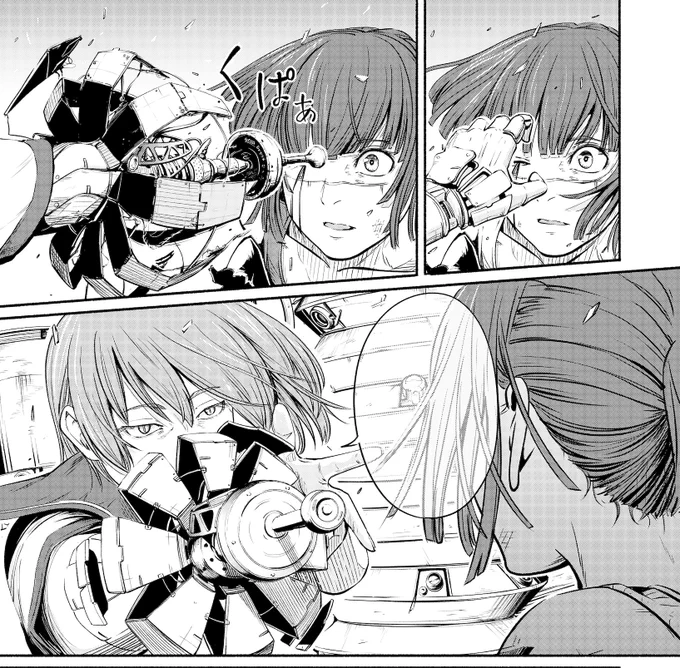 今回の原稿で地味に面倒だったのが、マナというキャラの変形でした。
一応、この子は読切り版のアルマの主人公で、設定や世界観は連載版と同じなので適当に描くわけにもいかず、当時描いた機械の構造をもう一度理解し直すのが面倒でした。連載版では主人公たちの邪魔をしてます。 