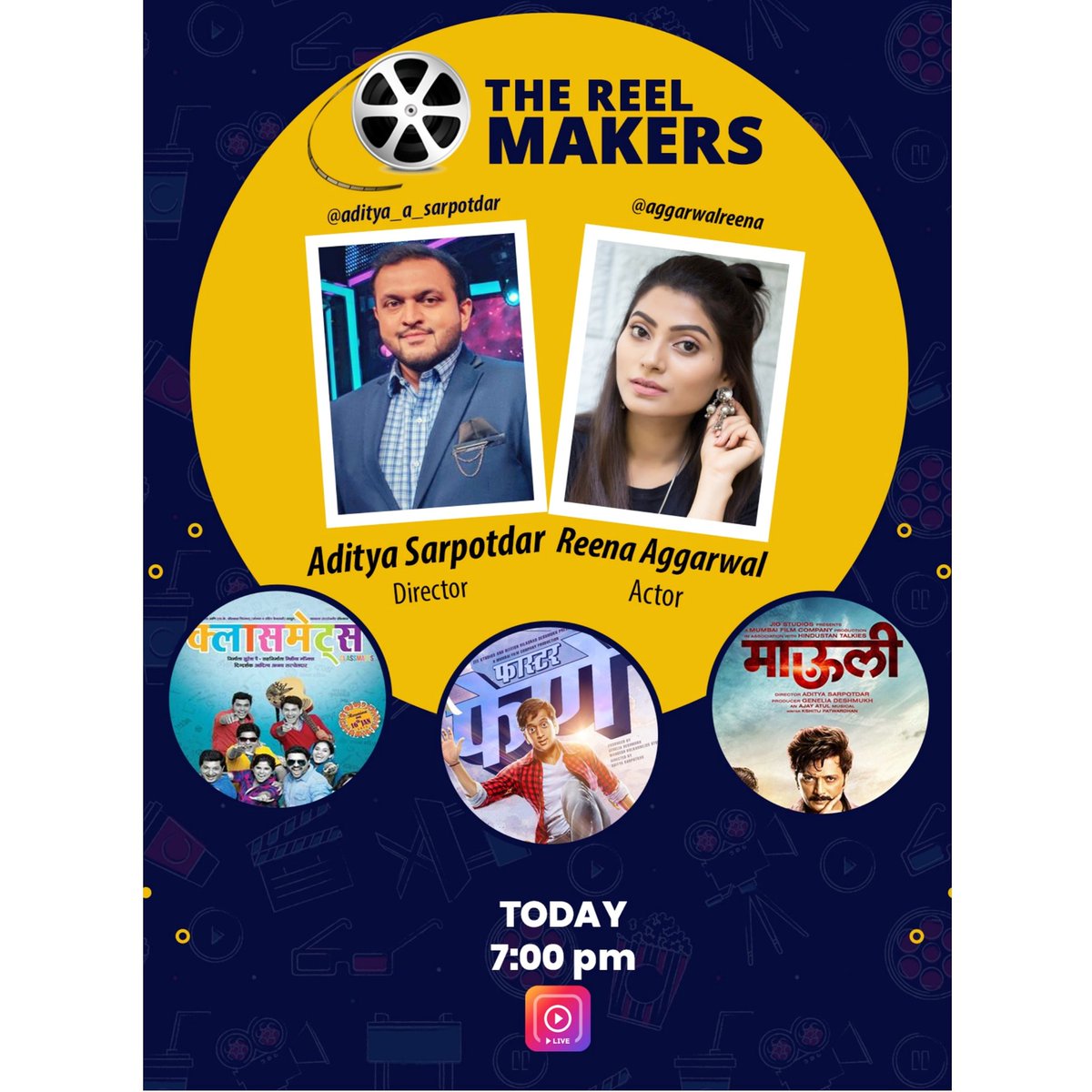 ReenaMeraNaaam's tweet photo. Epi 2-'The Reel Makers'
With Director @AdityaSarpotdar
Join us today on Insta Live at 7PM for Fun and interesting GupShup..
#thereelmakers #ReenaAggarwal #AdityaSarpotdar #theRAIKARcase #classmates #fasterfene @classmatesmovie @FilmFasterFene #uladhaal #mauli #Instagram #Live https://t.co/hZRJaMrY3t