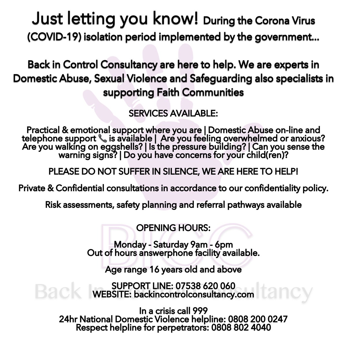 MCE_Updates's tweet photo. A great message from one of our partners! Don’t suffer in silence during this isolation period... SEEK HELP!

#BICC #MyChurchEvents #Coronavirus #COVID19

📱: 07538620060
💻: https://t.co/Ofgr5Svkix

Some info also here:

📰

https://t.co/XtSWaIr8ba

📰
 https://t.co/NA8m5gikMR https://t.co/bDJidROOUC