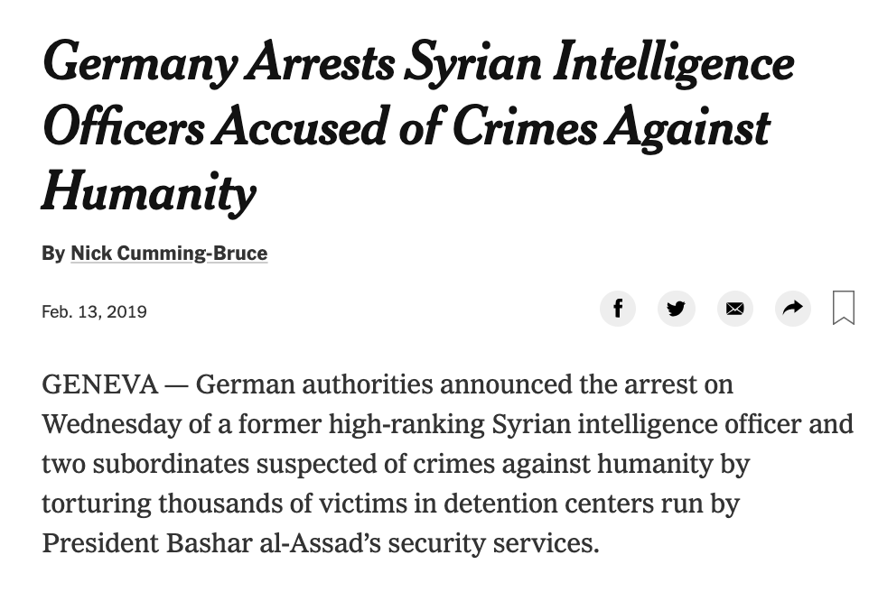 Both men were arrested in Germany as part of a joint probe with French officials. The investigation that led to the arrests was also a result of a series of complaints filed by  @ECCHRBerlin together with Syrian lawyers, activists, and torture survivors.  http://tiny.cc/jwblnz 