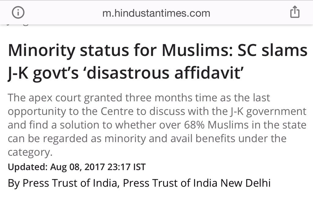 Murderers of Secularism & beneficiaries of Hindu sufferings filed an affidavit in SC saying that Majority Muslims will get Minority benefits in J&K. Admission: JK is a Theocratic State.I argued &:The Supreme Court tore Governments apart terming their affidavit “Disastrous”
