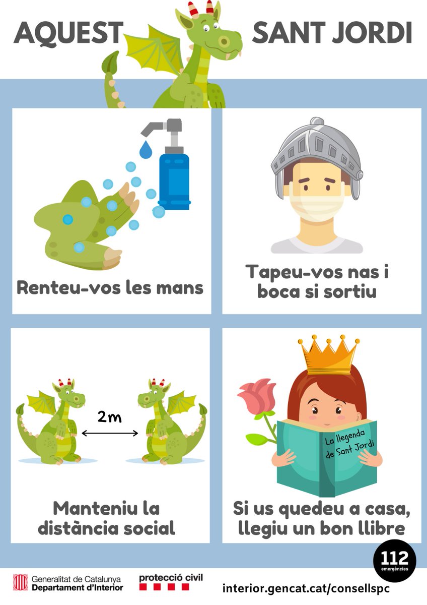 emergenciescat's tweet photo. Que tingueu un bon #SantJordi. Enguany un #SantJordiConfinat perquè els que vindran tornin ser com els d'abans. #BonDia https://t.co/7ceqoxp5Gl