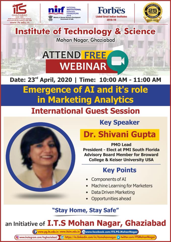 @ITSMohanNagar, #ManagementDepartment organizing an “#InternationalGuestSession” through #videoconferencing for #PGDMstudents on 23rd April 2020. Dr. Shivani Gupta, PMO Lead President-Elect at PMI South Florida, Advisory Board member for Broward College & Keiser University, USA.