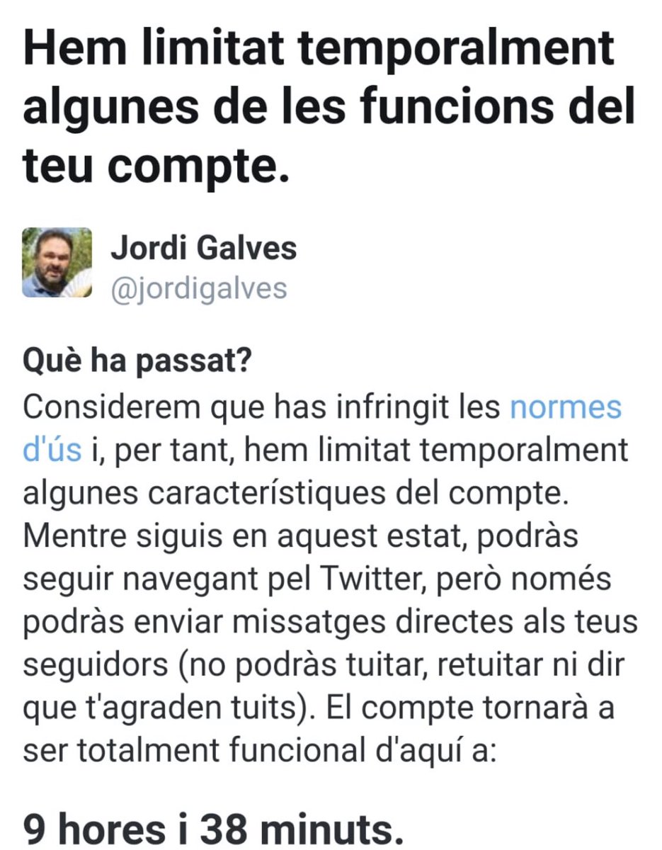 ester0961's tweet photo. Ahir el meu amic i gran escriptor Jordi Galves va escriure a La Republica un article criticant al PSC. Aquesta és la resposta de @TwitterEspana a la llibertat d’ expressió: la censura. Ara digueu-me estem a una dictadura o no? #SpainFascitState Donem li suport fent RT. https://t.co/Rue8CpZSDG