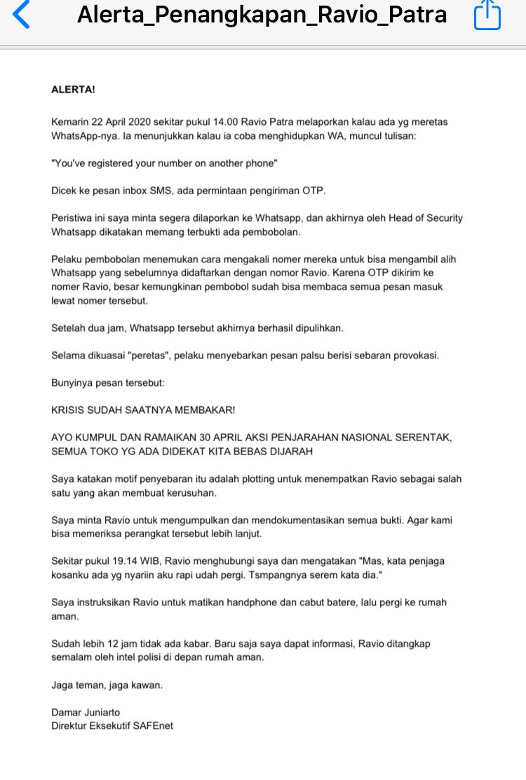 Di saat semua orang harus menghadapi pandemi, haruskah kita juga berhadapan dengan matinya demokrasi?

Saat kritik dibungkam, Omnibus Law mengancam, pilihan kita hanya: Lawan!

#DimanaRavio
#BebaskanRavio 
#atasiviruscabutomnibus
