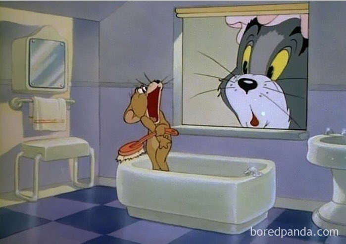 8. Jerry who was naked all day is afraid of being seen taking his bath 