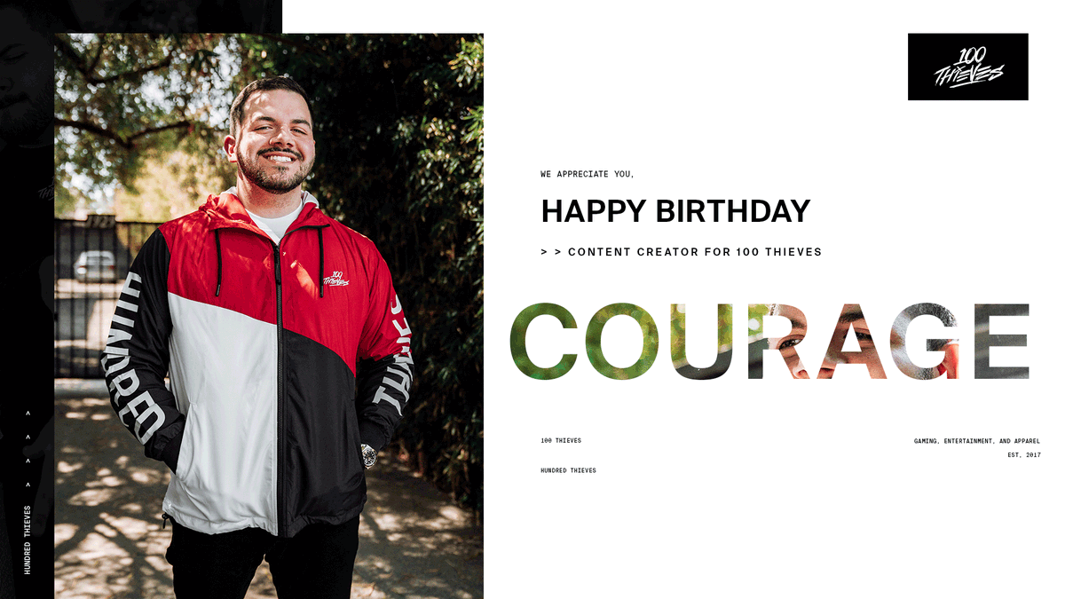 100Thieves's tweet image. Happy birthday to our very own @CouRageJD! 🎂

We hope you have a wonderful birthday, and we look forward to helping you and the CouRageous reach your charity goal.