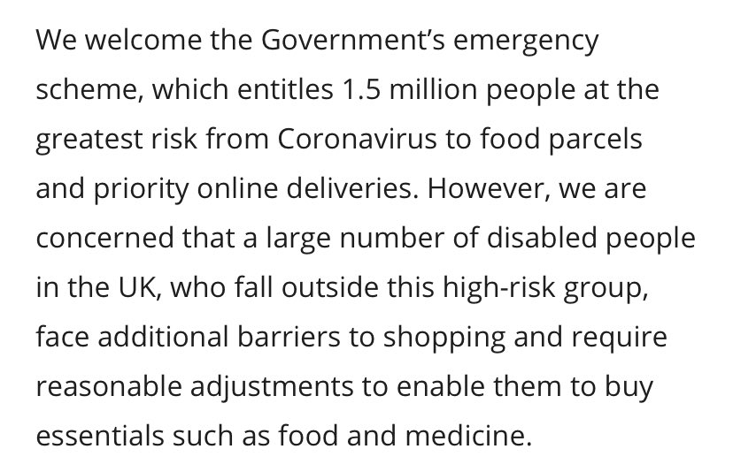 The  @EHRC are concerned about disabled people’s access to shopping for basic necessities during the lockdown. More details in this letter from  @RJHilsenrath  https://www.politicshome.com/news/article/equality-and-human-rights-considerations-in-access-to-food-and-essentials /109