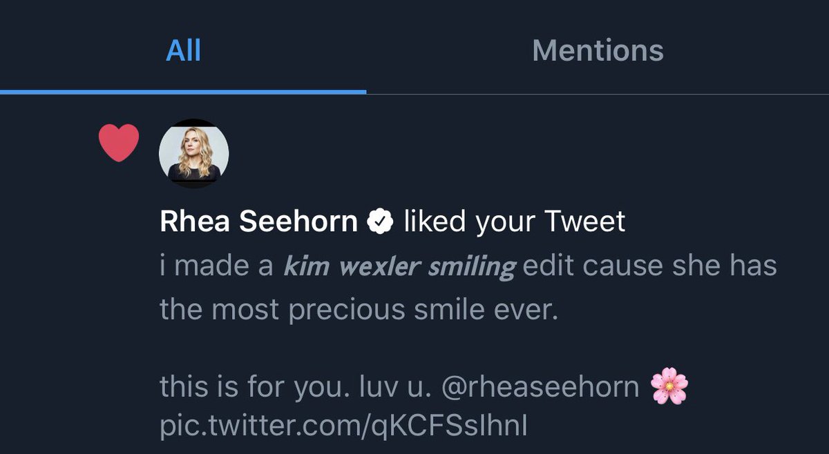 omg!!! kimberly fucking wexler herself liked my tweet (and watched my video edit i assume ). so i’ve now fulfilled my purpose in life. again, i love you.  @rheaseehorn