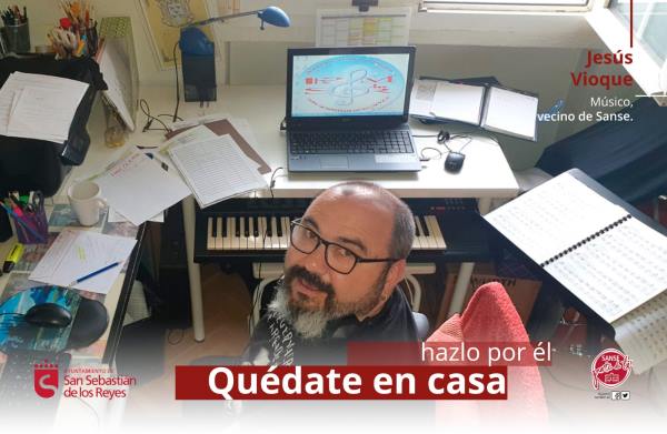 sansecomunica's tweet photo. Jesús es músico y director de la Banda Municipal de #Sanse. Profesor de la Escuela Municipal de Música y Danza, sigue preparando sus clases y componiendo, su gran vocación. Así que por nuestro vecino y también por ti, lo suyo es que te quedes en casa. #SanseUnido #SanseSalud https://t.co/8COMYYlNOW