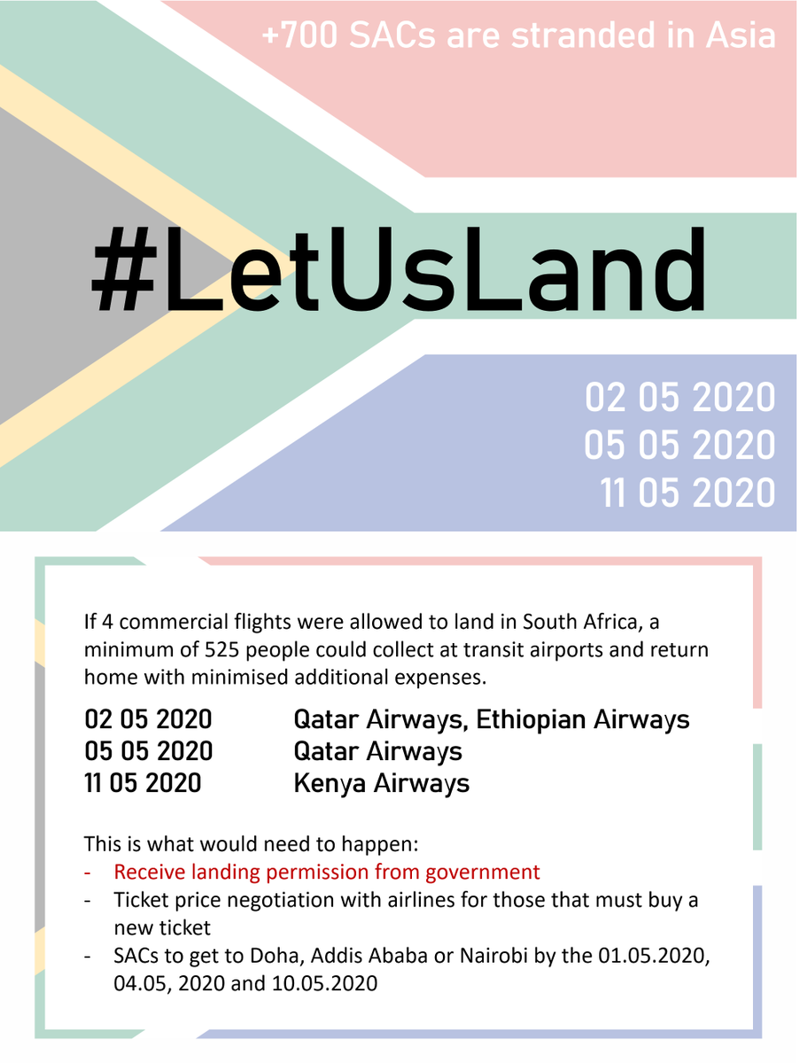 mebianxi's tweet photo. #LetUsLand +700 SACs are currently stranded in Asia, many with valid tickets for the three airlines currently willing to operate. If approval for these flights was given and everyone could get on these flights, this could act as an affordable alternative to return home. @hafh_sa https://t.co/rZ1ObR4UbD