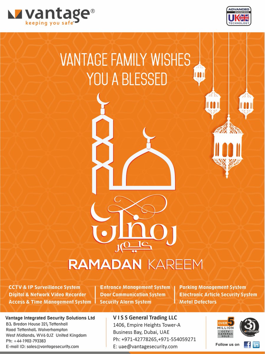 VantageSecurity's tweet image. Vantage Family Wishes You a Blessed Ramadan !
Contact Us Now- goo.gl/kREiin 
#Vantage #Security #keepingyousafe #cctv #surveillance #accescontrol #alarmsystems #entrancemanagement #turnstiles #metaldetectors  #videodoorphone #ANPR #coronavirus #covid19pandemic #covid19