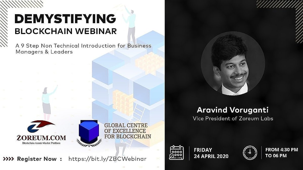 AsliStamp's tweet photo. Please don't miss the webinar session on Blockchain for Business Managers &amp; Leaders on 24 April 2020, Friday at 4:30 PM - 6:30 PM by Mr. Aravind Voruganti !!

Enroll Now: https://t.co/PaLCbRErHJ

#BlockchainWebinar #BlockchainTechnology #BlockchainForBusiness #ZoreumLabs #Webinar https://t.co/jexb5CDZIa